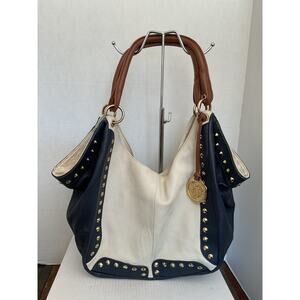 Vince Camuto Large Pebbled Leather Tote/Shoulder Bag- Cream & Navy w/Brass Studs